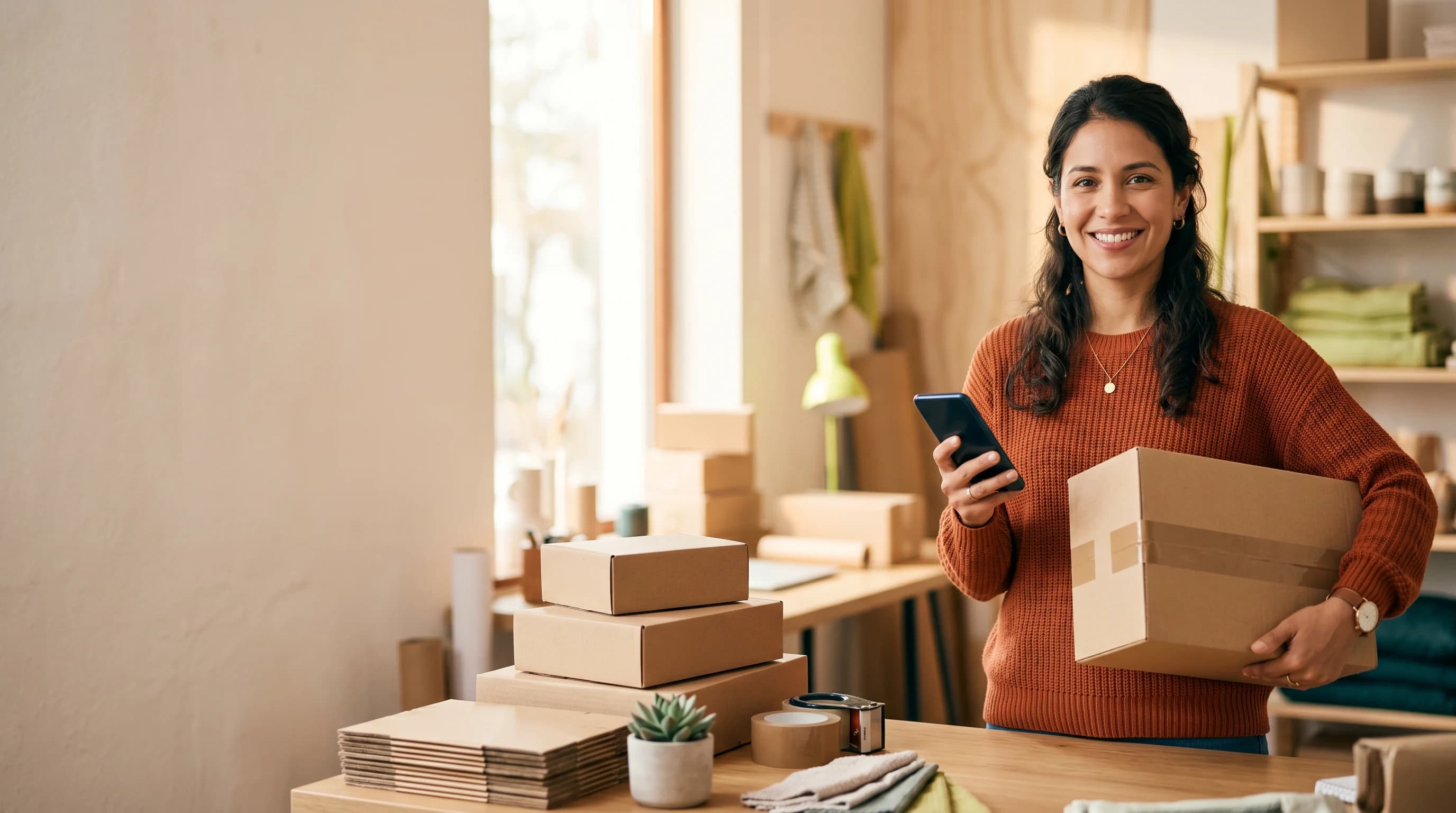 Mujer emprendedora gestionando pedidos con GoAssistant